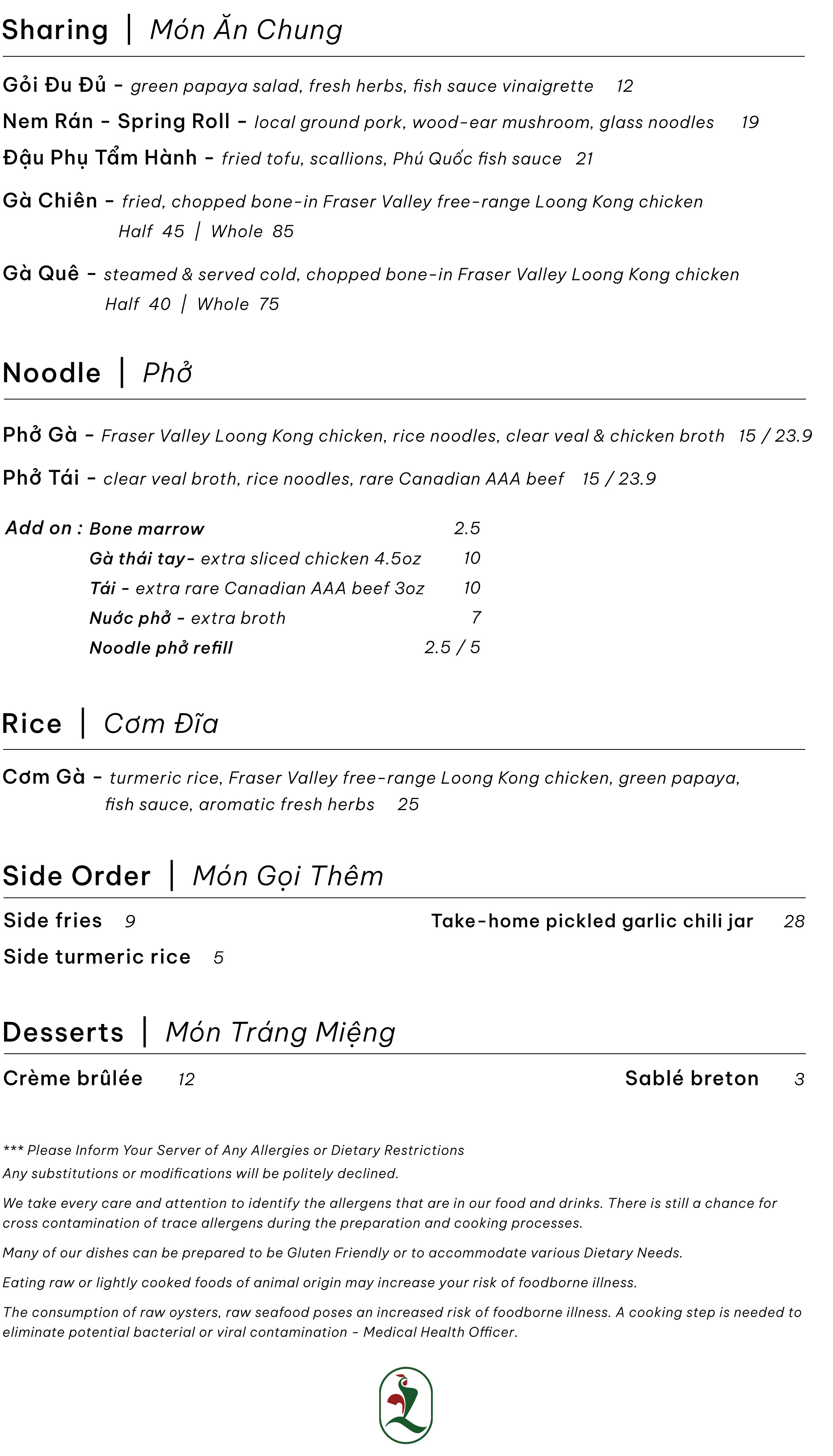 small plate,noodle,pho,rice,seafood,side order, desserts,add on